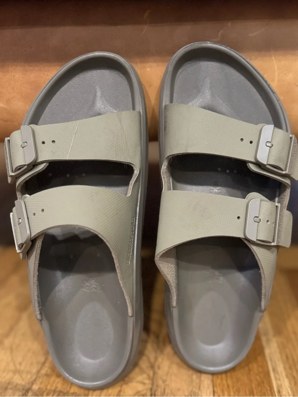 Size 42 Birkenstock Dual-Strap Slides in Olive